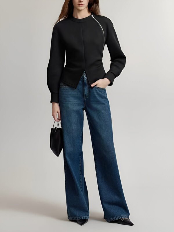 Plain Zipper Split Blouse - 图片 2