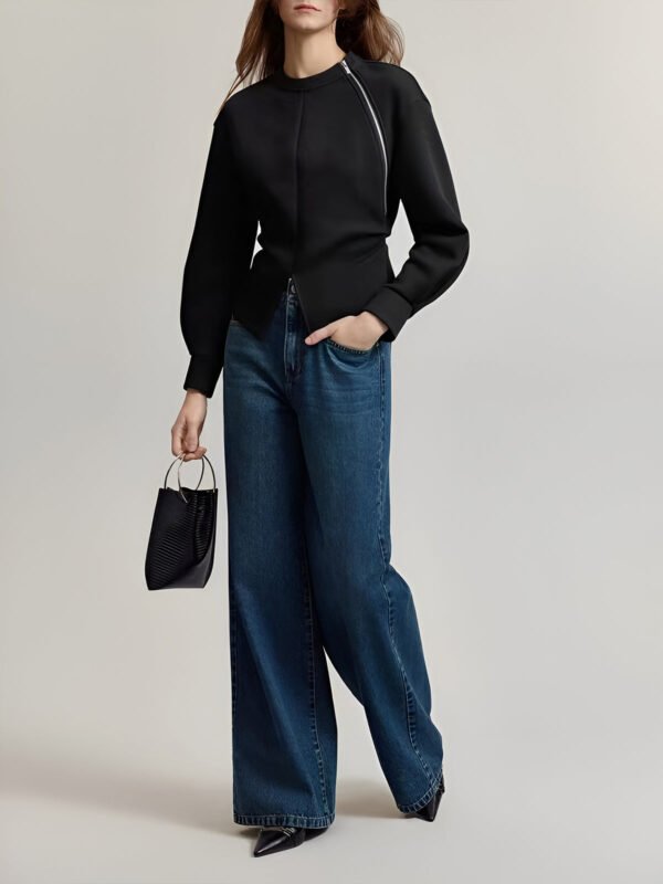 Plain Zipper Split Blouse - 图片 3